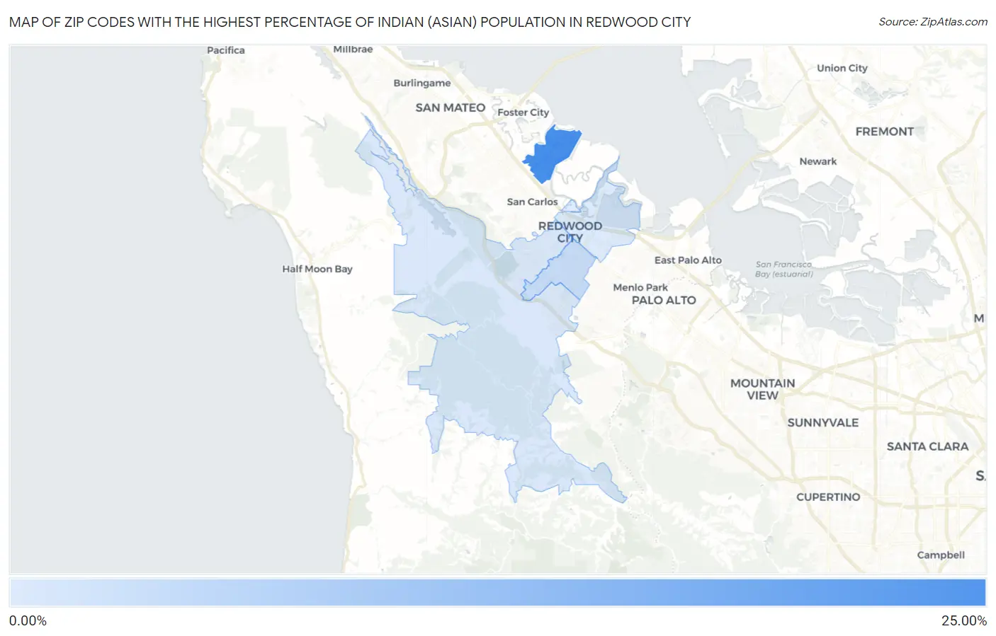 Zip Codes with the Highest Percentage of Indian (Asian) Population in Redwood City Map