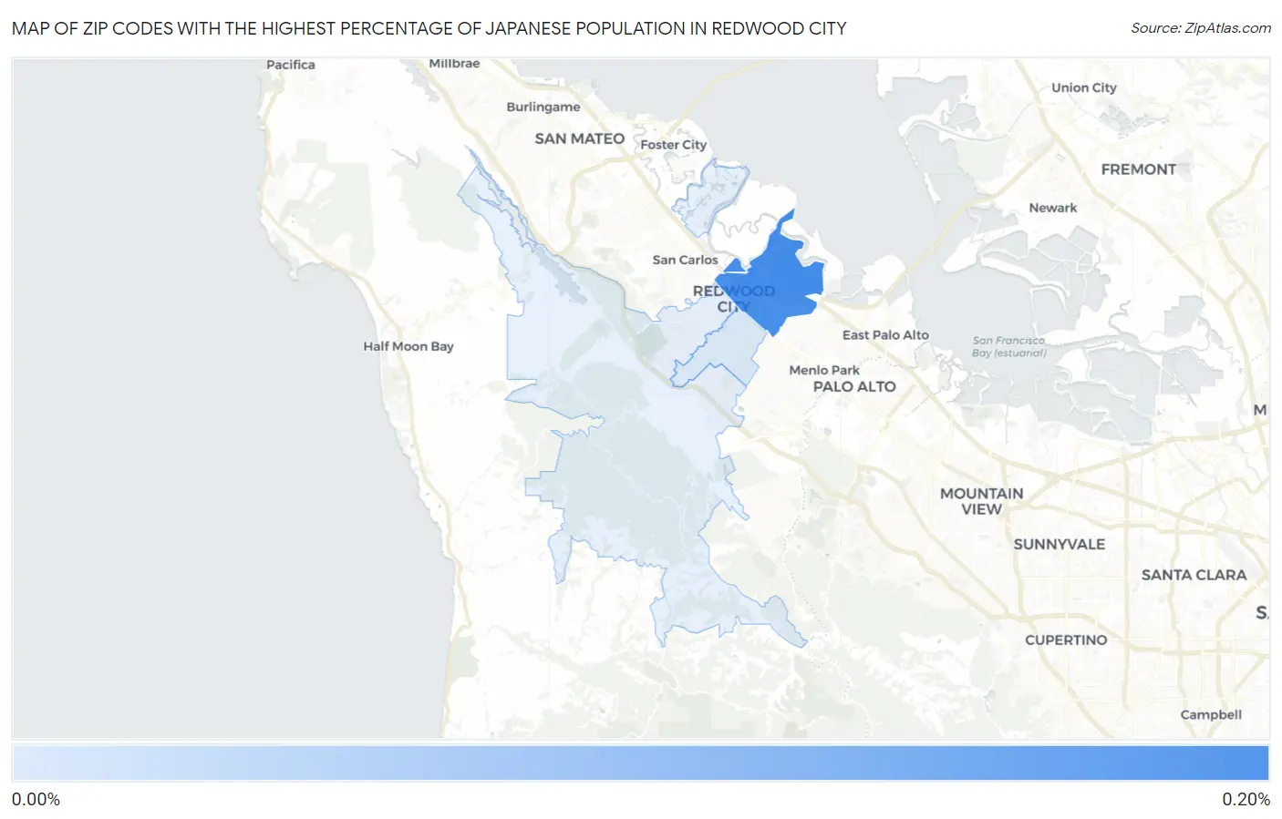 Zip Codes with the Highest Percentage of Japanese Population in Redwood City Map