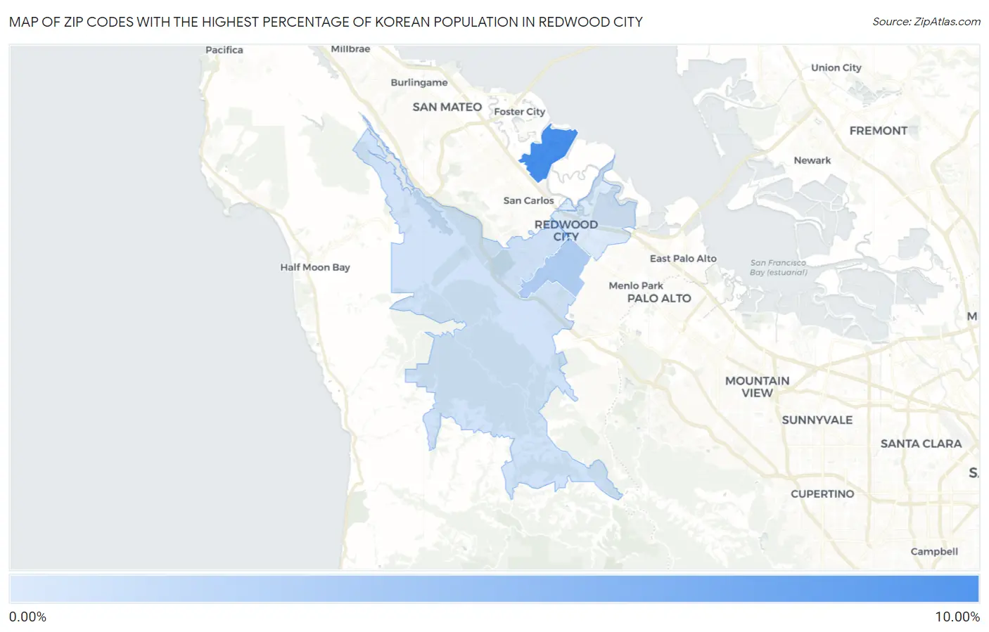 Zip Codes with the Highest Percentage of Korean Population in Redwood City Map