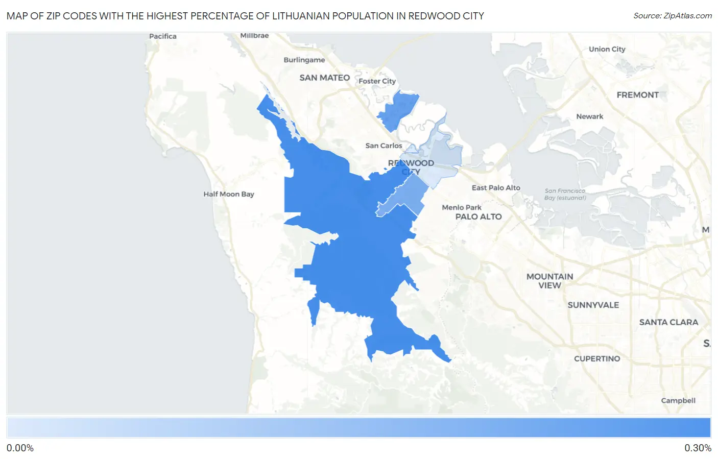 Zip Codes with the Highest Percentage of Lithuanian Population in Redwood City Map