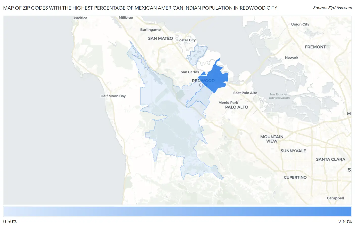 Zip Codes with the Highest Percentage of Mexican American Indian Population in Redwood City Map
