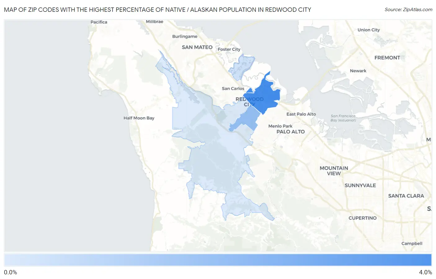 Zip Codes with the Highest Percentage of Native / Alaskan Population in Redwood City Map