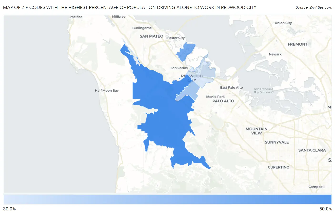 Zip Codes with the Highest Percentage of Population Driving Alone to Work in Redwood City Map