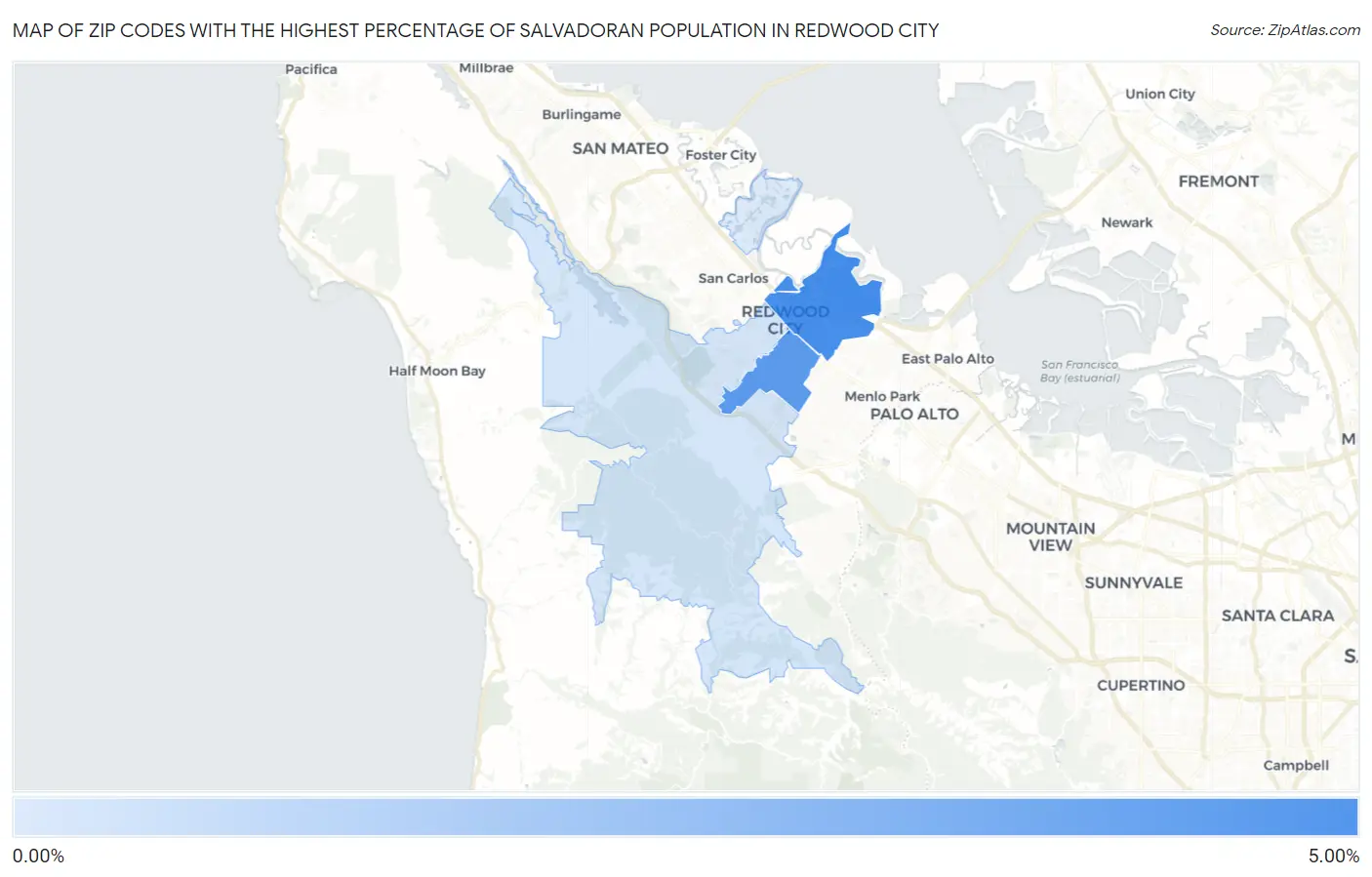 Zip Codes with the Highest Percentage of Salvadoran Population in Redwood City Map