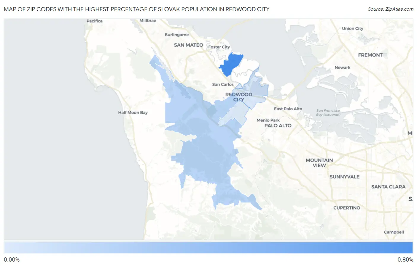 Zip Codes with the Highest Percentage of Slovak Population in Redwood City Map