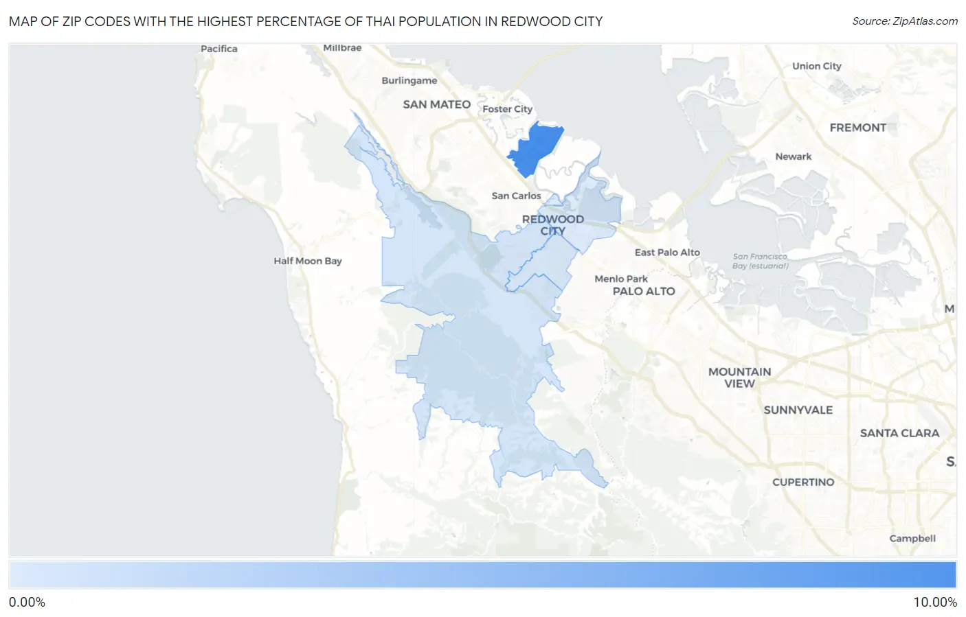 Zip Codes with the Highest Percentage of Thai Population in Redwood City Map