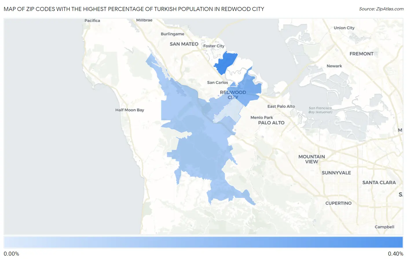 Zip Codes with the Highest Percentage of Turkish Population in Redwood City Map