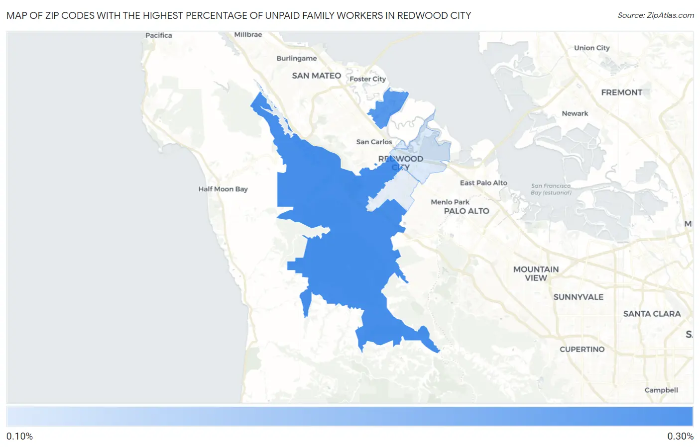 Zip Codes with the Highest Percentage of Unpaid Family Workers in Redwood City Map