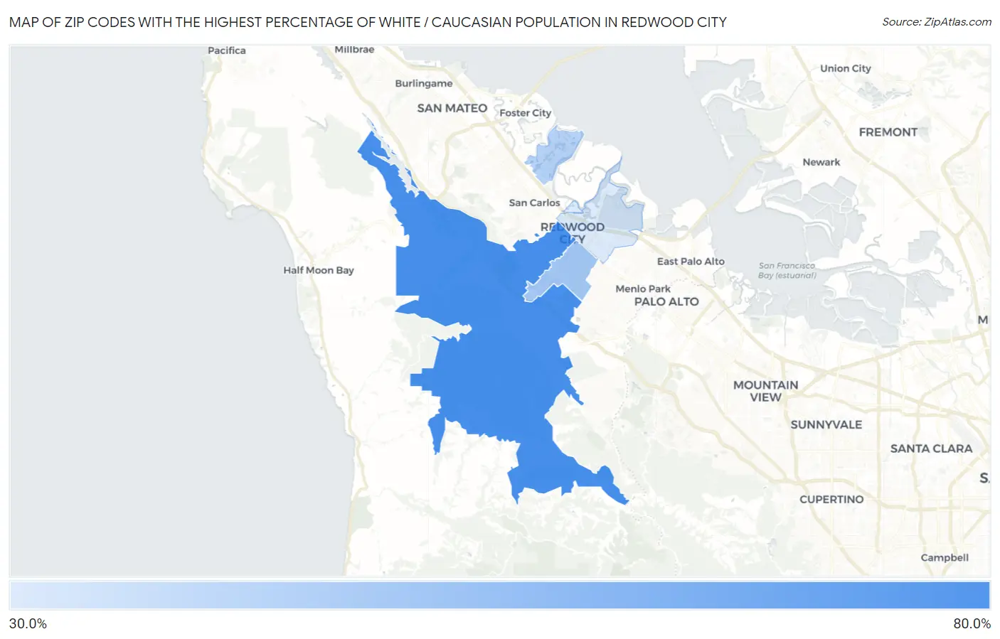 Zip Codes with the Highest Percentage of White / Caucasian Population in Redwood City Map