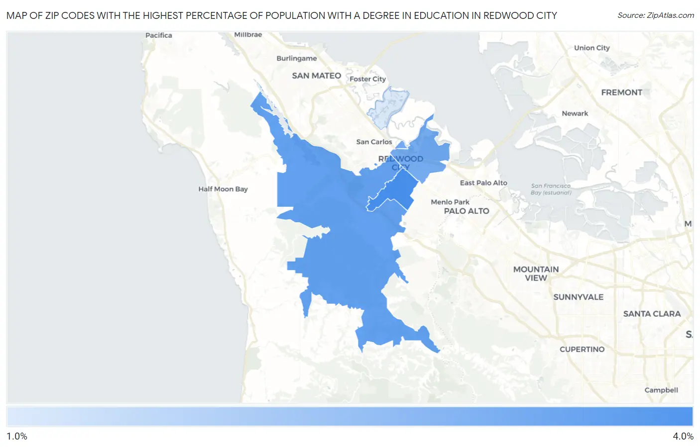 Zip Codes with the Highest Percentage of Population with a Degree in Education in Redwood City Map
