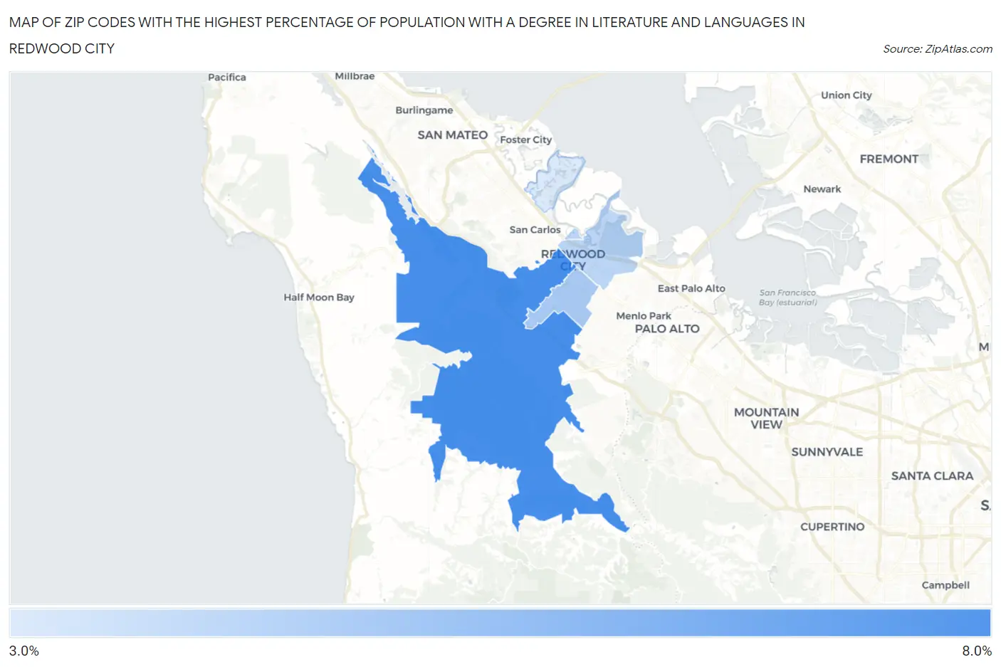 Zip Codes with the Highest Percentage of Population with a Degree in Literature and Languages in Redwood City Map