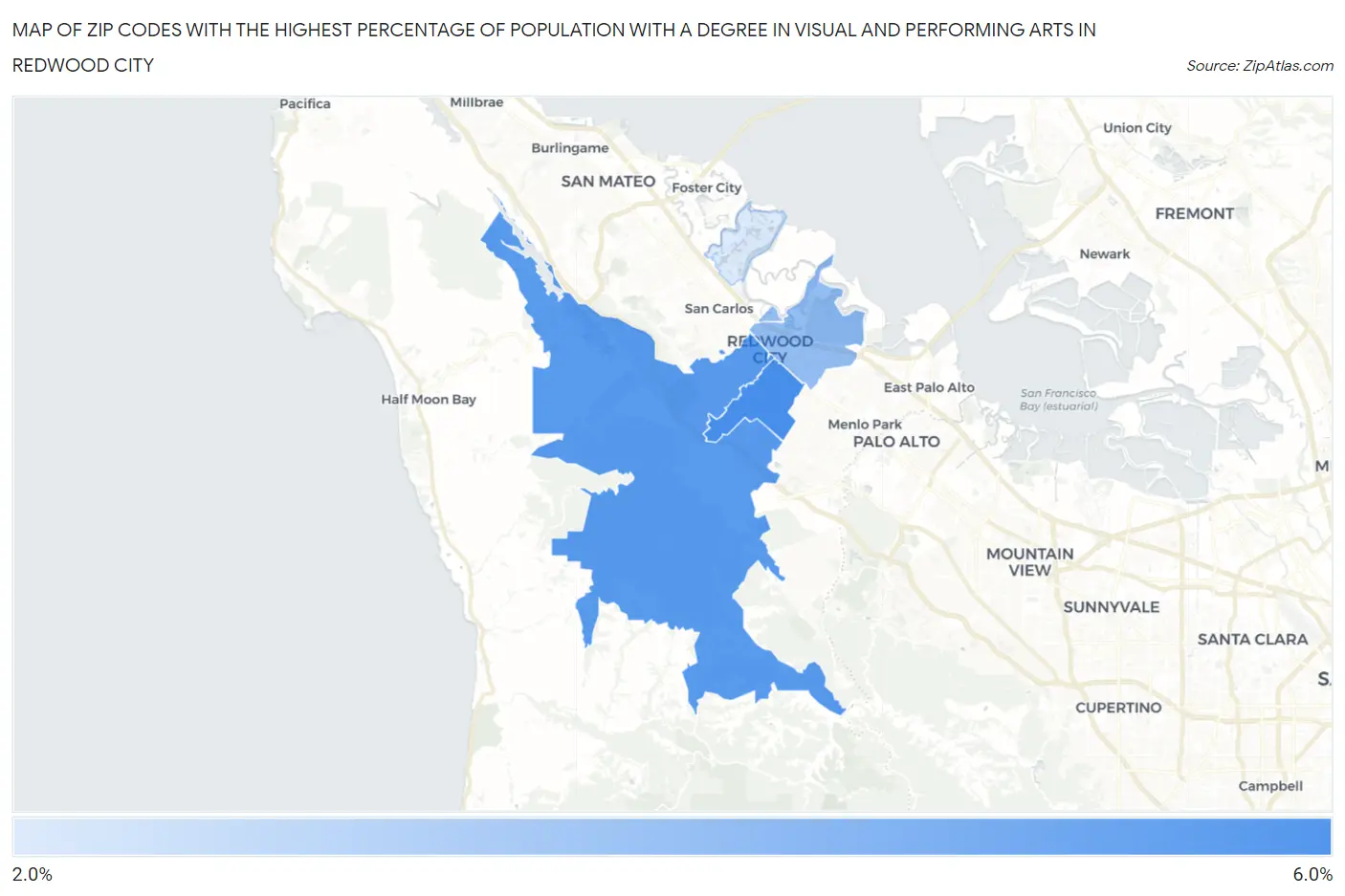 Zip Codes with the Highest Percentage of Population with a Degree in Visual and Performing Arts in Redwood City Map