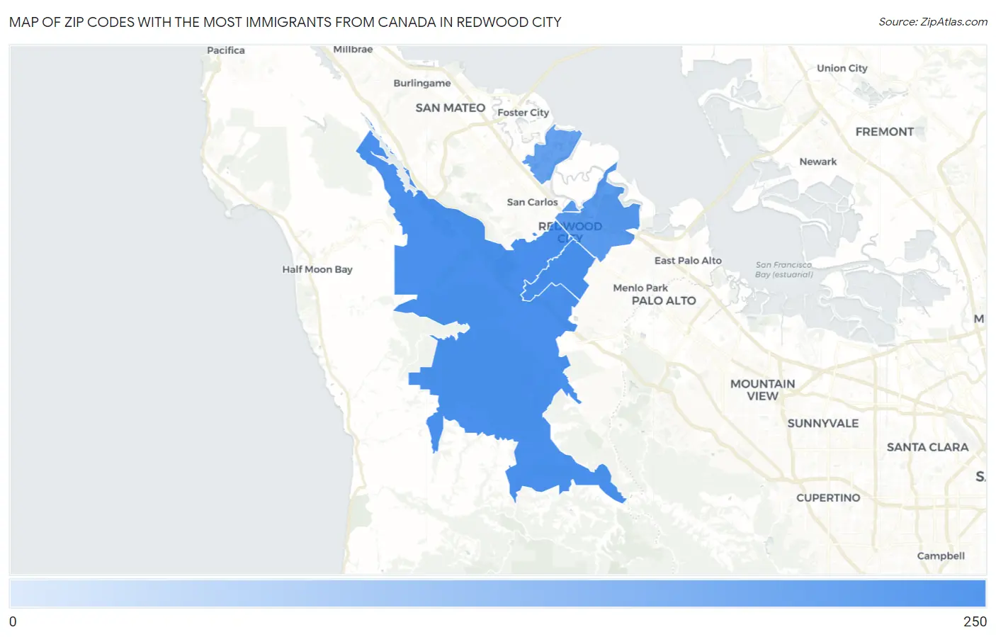 Zip Codes with the Most Immigrants from Canada in Redwood City Map