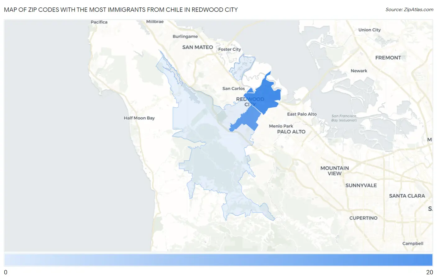 Zip Codes with the Most Immigrants from Chile in Redwood City Map