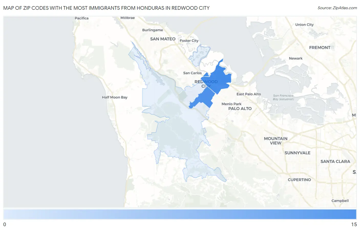 Zip Codes with the Most Immigrants from Honduras in Redwood City Map