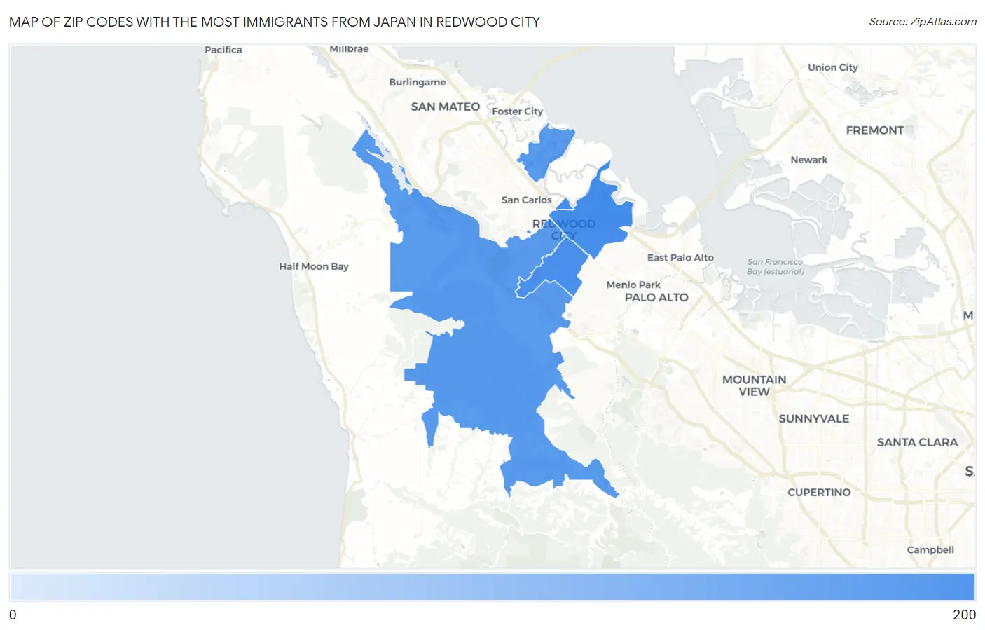 Zip Codes with the Most Immigrants from Japan in Redwood City Map