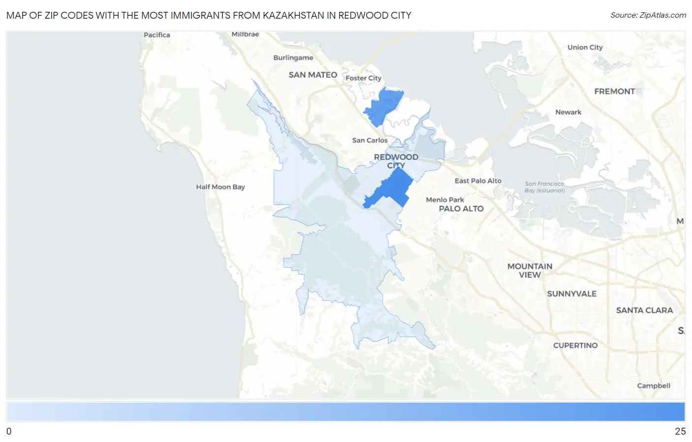 Zip Codes with the Most Immigrants from Kazakhstan in Redwood City Map