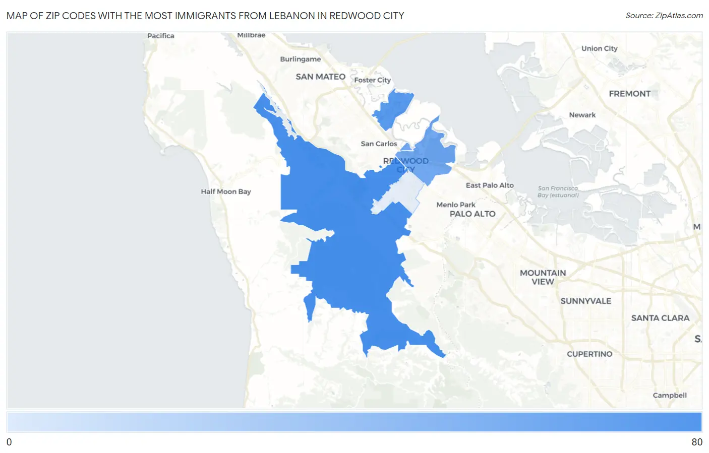 Zip Codes with the Most Immigrants from Lebanon in Redwood City Map
