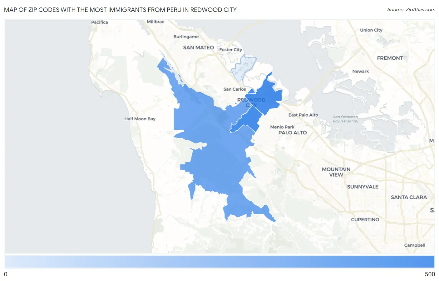 Zip Codes with the Most Immigrants from Peru in Redwood City Map