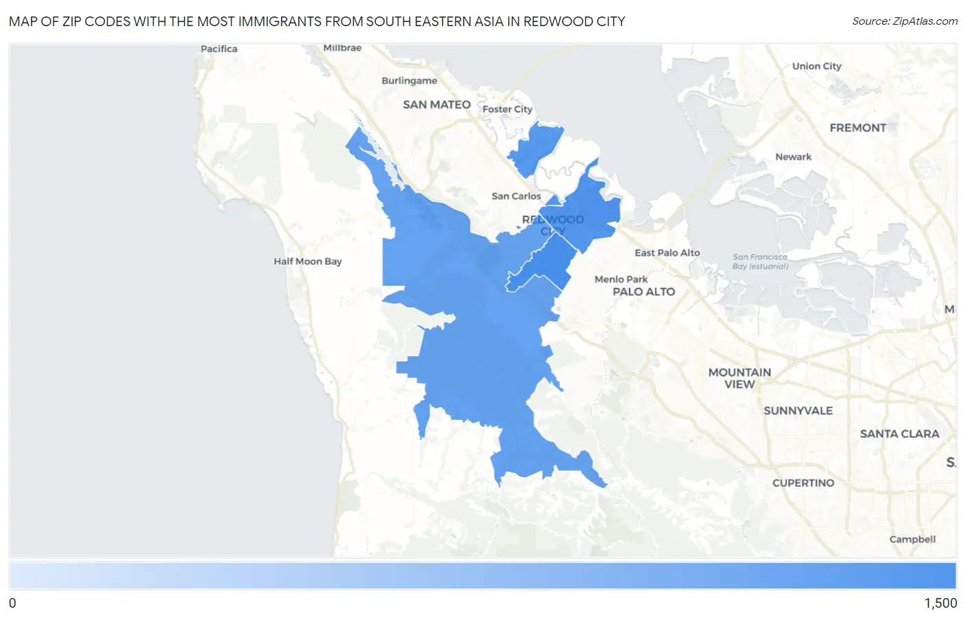 Zip Codes with the Most Immigrants from South Eastern Asia in Redwood City Map