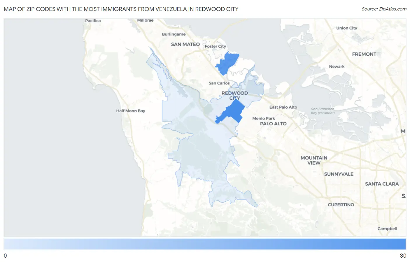 Zip Codes with the Most Immigrants from Venezuela in Redwood City Map