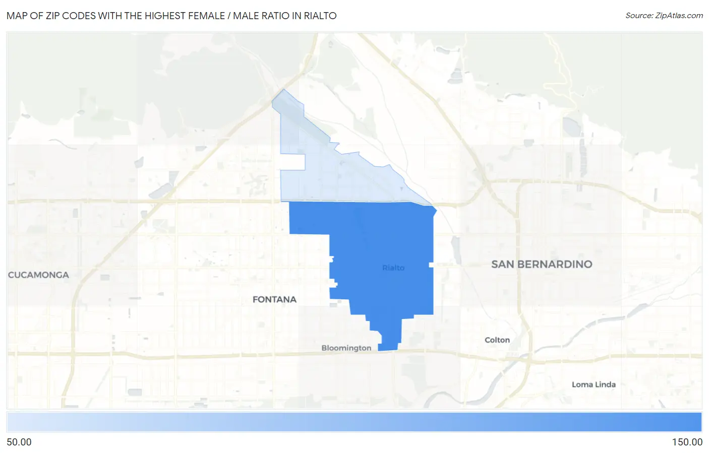 Zip Codes with the Highest Female / Male Ratio in Rialto Map
