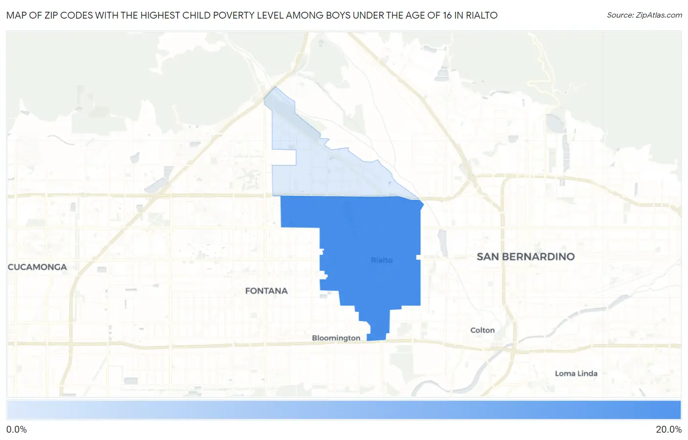 Zip Codes with the Highest Child Poverty Level Among Boys Under the Age of 16 in Rialto Map