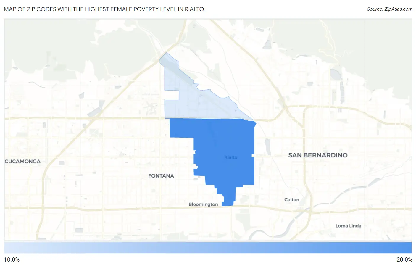 Zip Codes with the Highest Female Poverty Level in Rialto Map