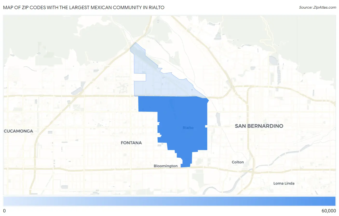 Zip Codes with the Largest Mexican Community in Rialto Map