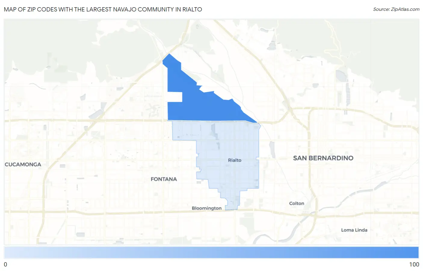 Zip Codes with the Largest Navajo Community in Rialto Map