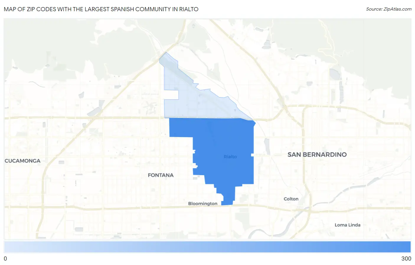 Zip Codes with the Largest Spanish Community in Rialto Map