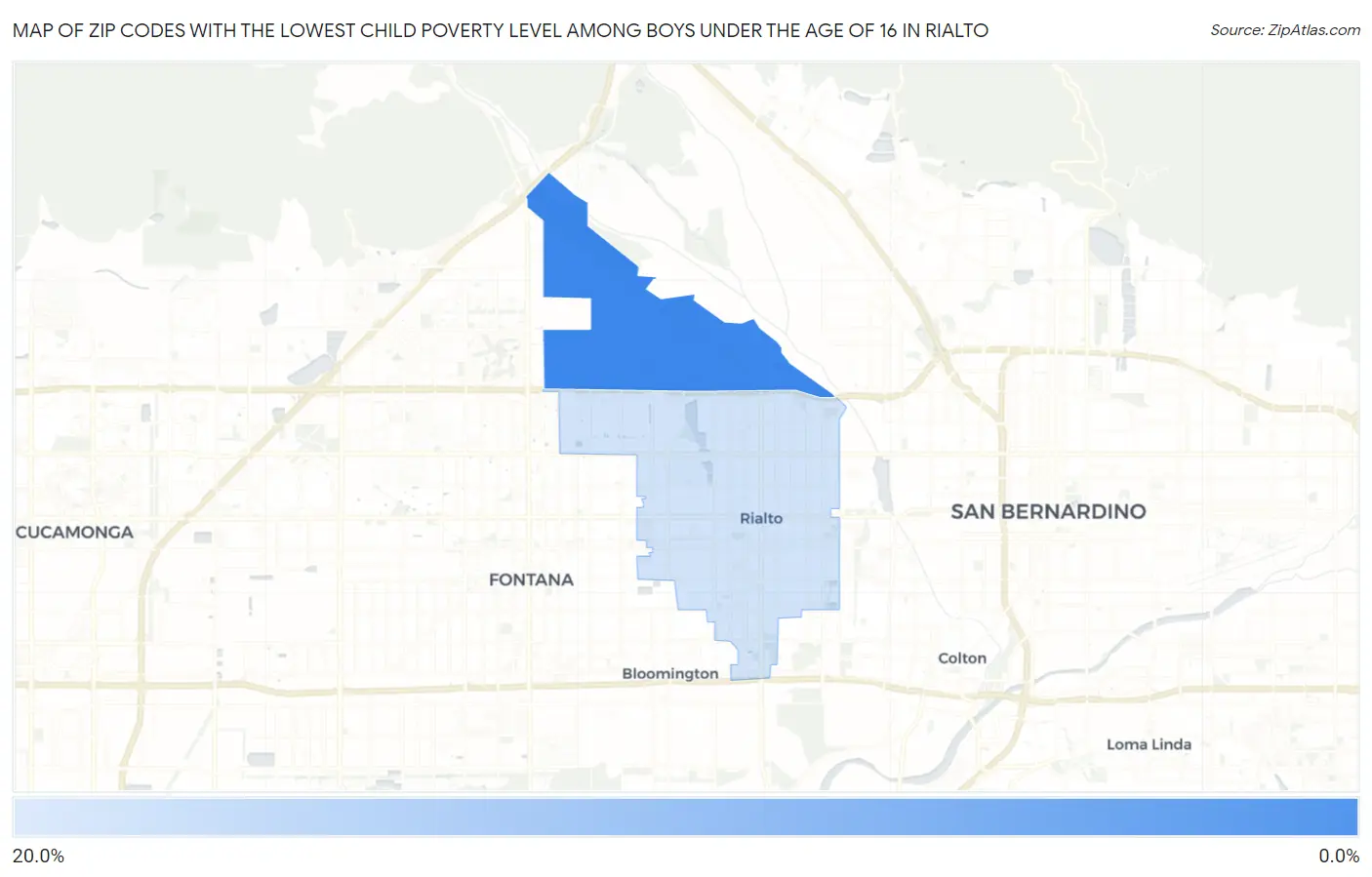 Zip Codes with the Lowest Child Poverty Level Among Boys Under the Age of 16 in Rialto Map