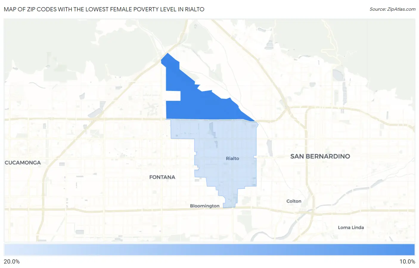 Zip Codes with the Lowest Female Poverty Level in Rialto Map