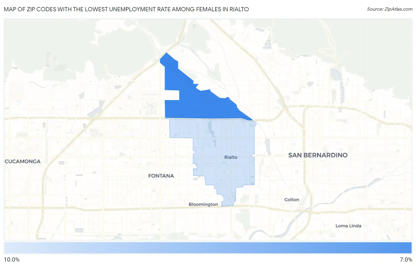 Zip Codes with the Lowest Unemployment Rate Among Females in Rialto Map