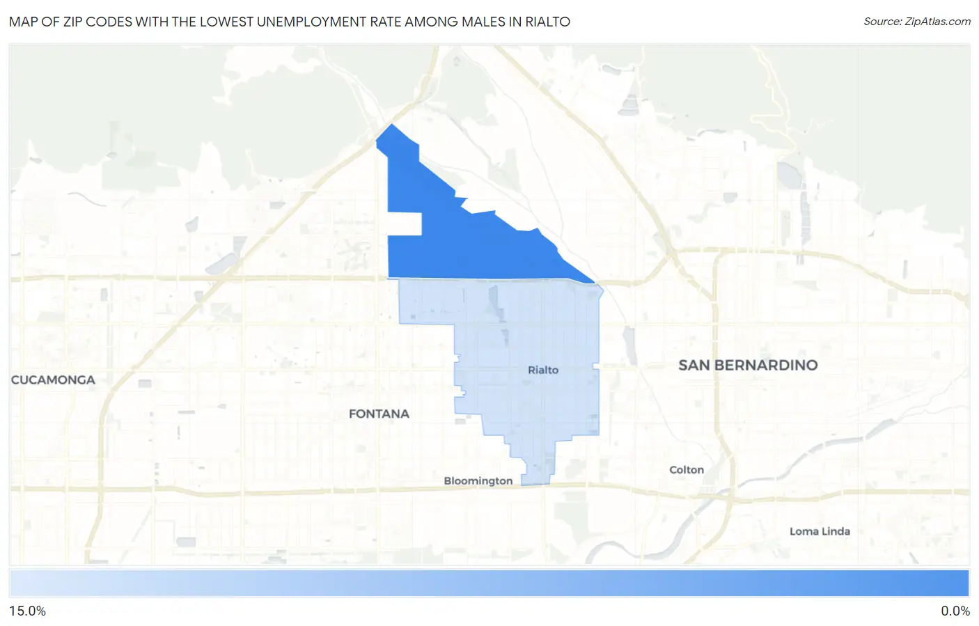 Zip Codes with the Lowest Unemployment Rate Among Males in Rialto Map