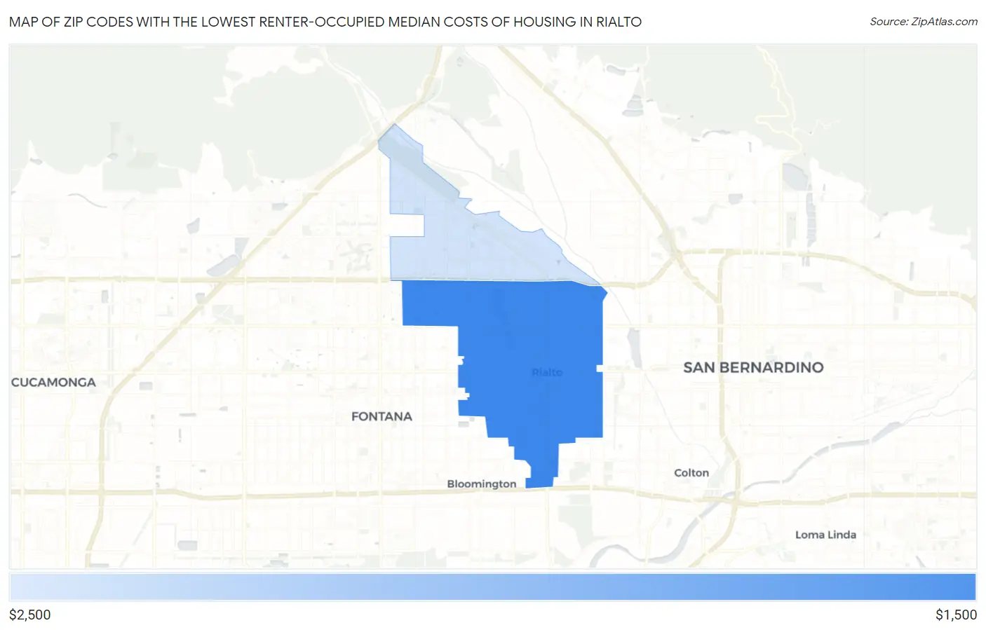 Zip Codes with the Lowest Renter-Occupied Median Costs of Housing in Rialto Map