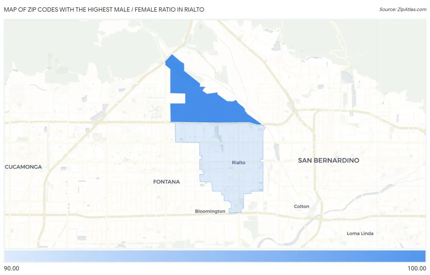 Zip Codes with the Highest Male / Female Ratio in Rialto Map