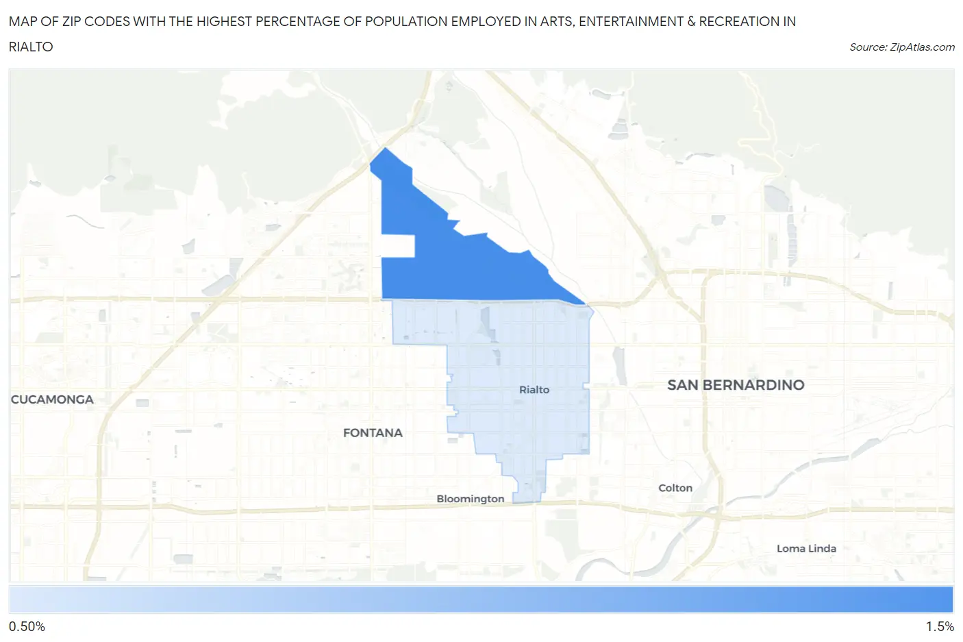 Zip Codes with the Highest Percentage of Population Employed in Arts, Entertainment & Recreation in Rialto Map
