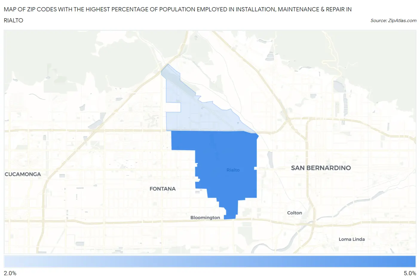 Zip Codes with the Highest Percentage of Population Employed in Installation, Maintenance & Repair in Rialto Map