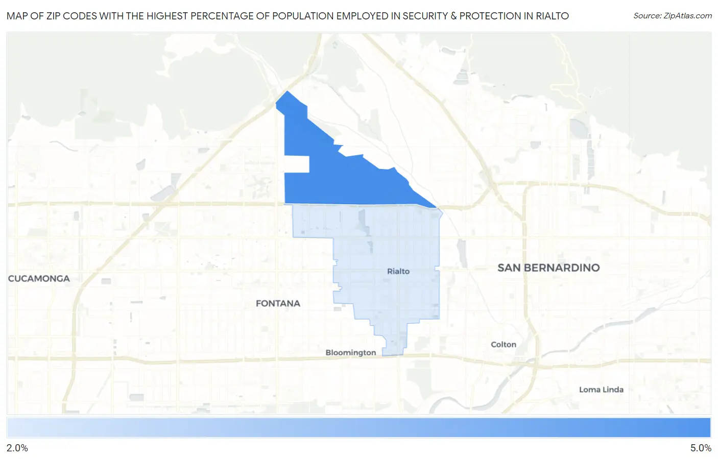 Zip Codes with the Highest Percentage of Population Employed in Security & Protection in Rialto Map