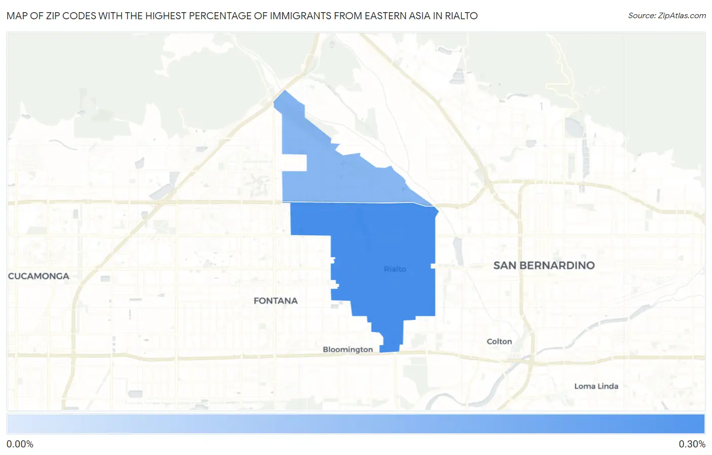 Zip Codes with the Highest Percentage of Immigrants from Eastern Asia in Rialto Map