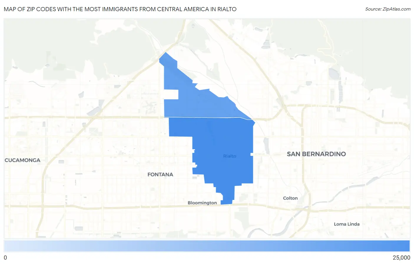 Zip Codes with the Most Immigrants from Central America in Rialto Map