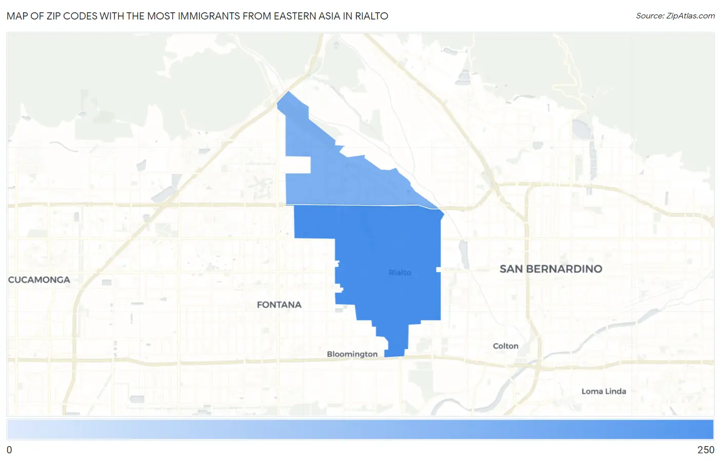 Zip Codes with the Most Immigrants from Eastern Asia in Rialto Map