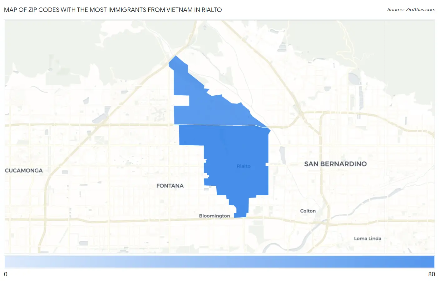 Zip Codes with the Most Immigrants from Vietnam in Rialto Map