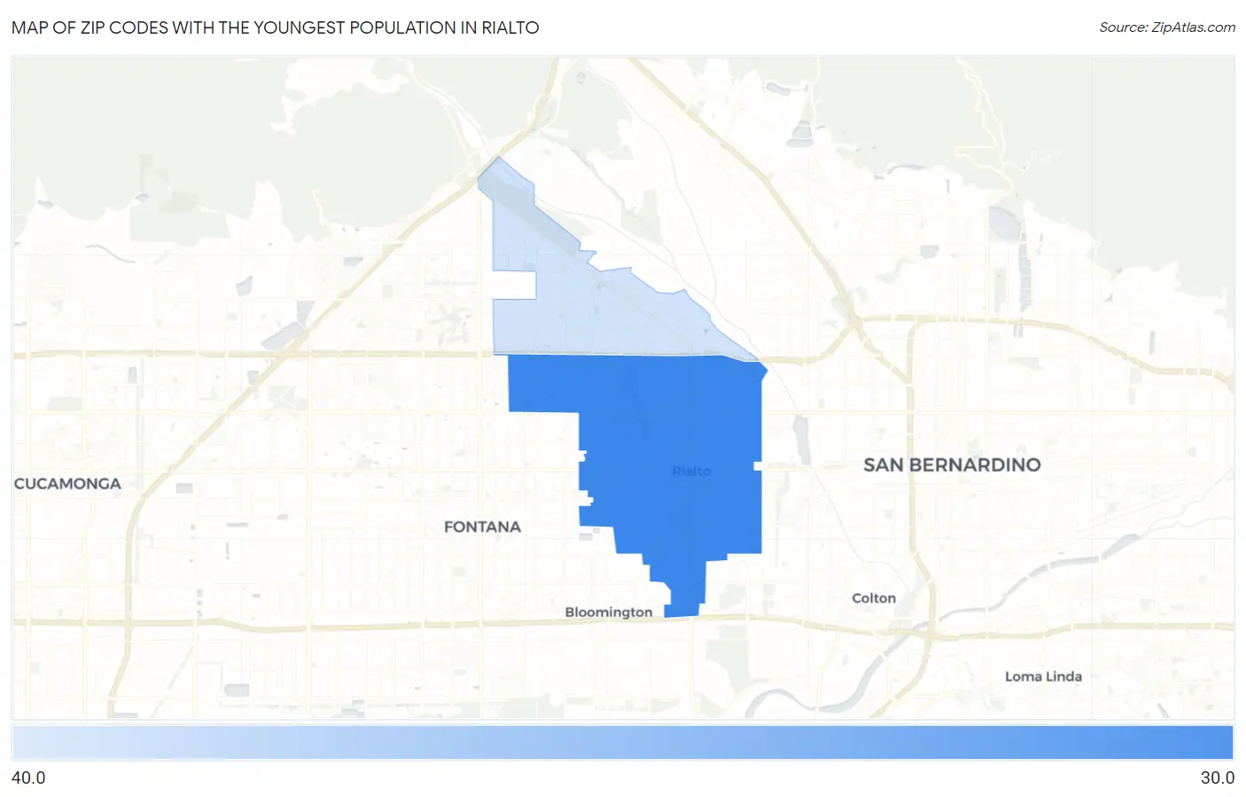 Zip Codes with the Youngest Population in Rialto Map