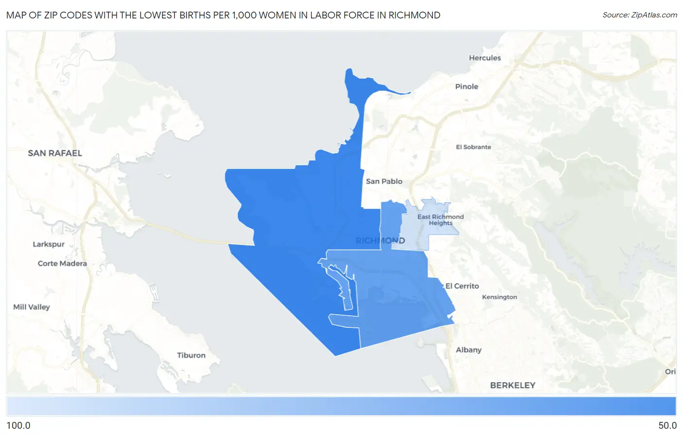 Zip Codes with the Lowest Births per 1,000 Women in Labor Force in Richmond Map