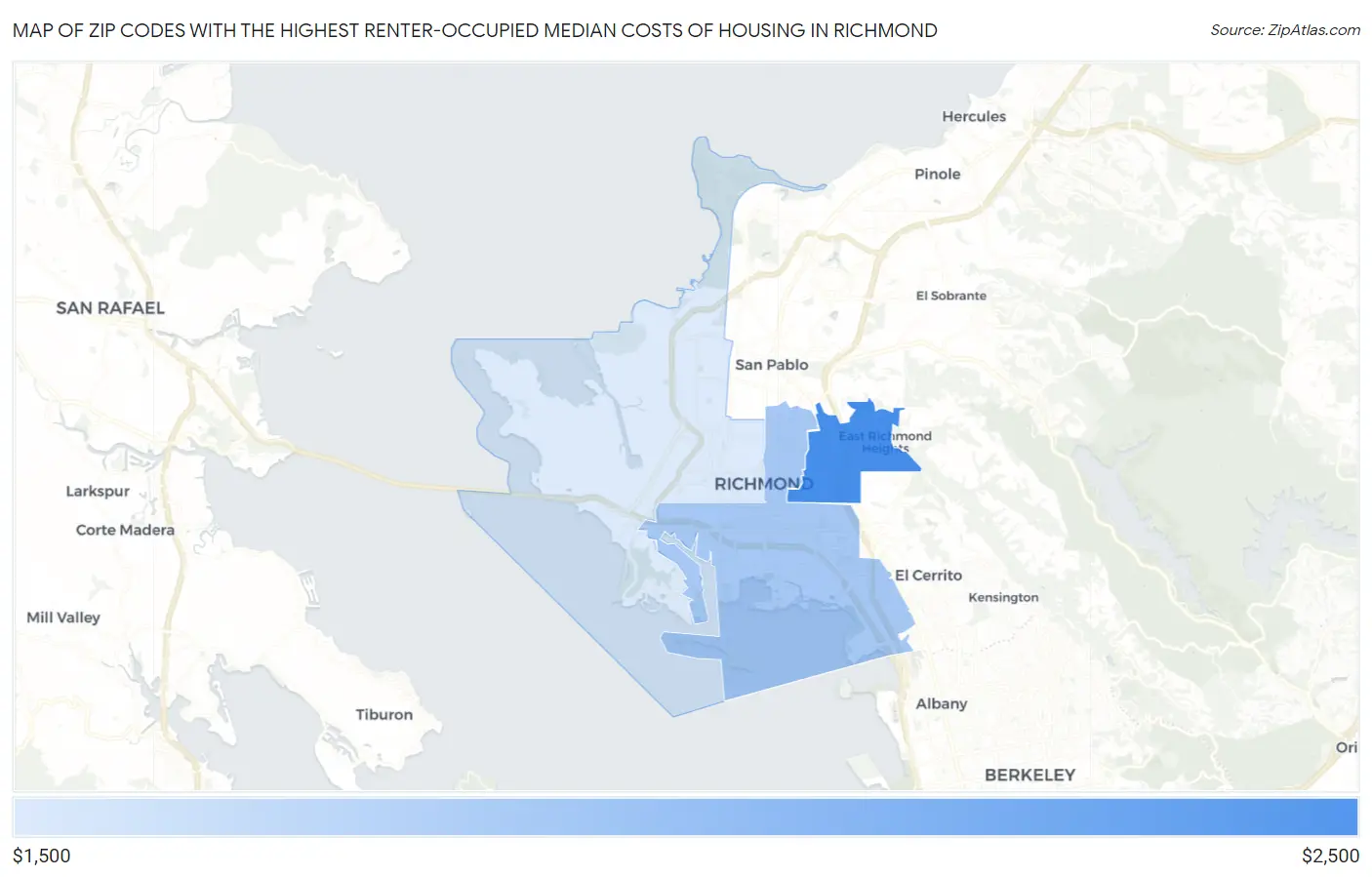 Zip Codes with the Highest Renter-Occupied Median Costs of Housing in Richmond Map