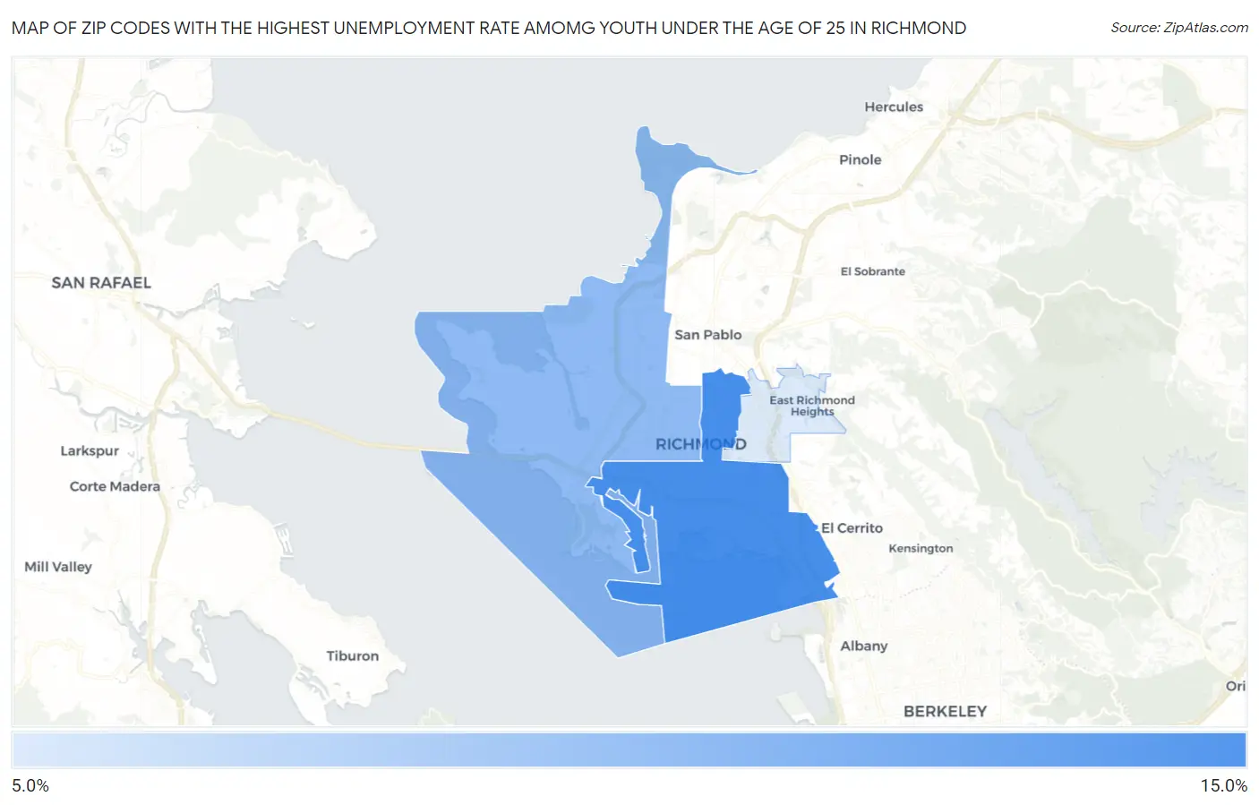 Zip Codes with the Highest Unemployment Rate Amomg Youth Under the Age of 25 in Richmond Map