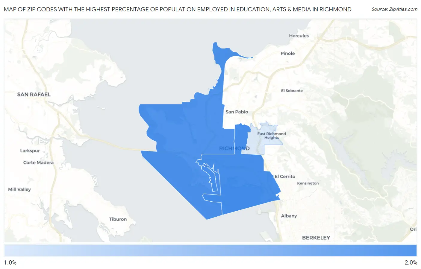 Zip Codes with the Highest Percentage of Population Employed in Education, Arts & Media in Richmond Map