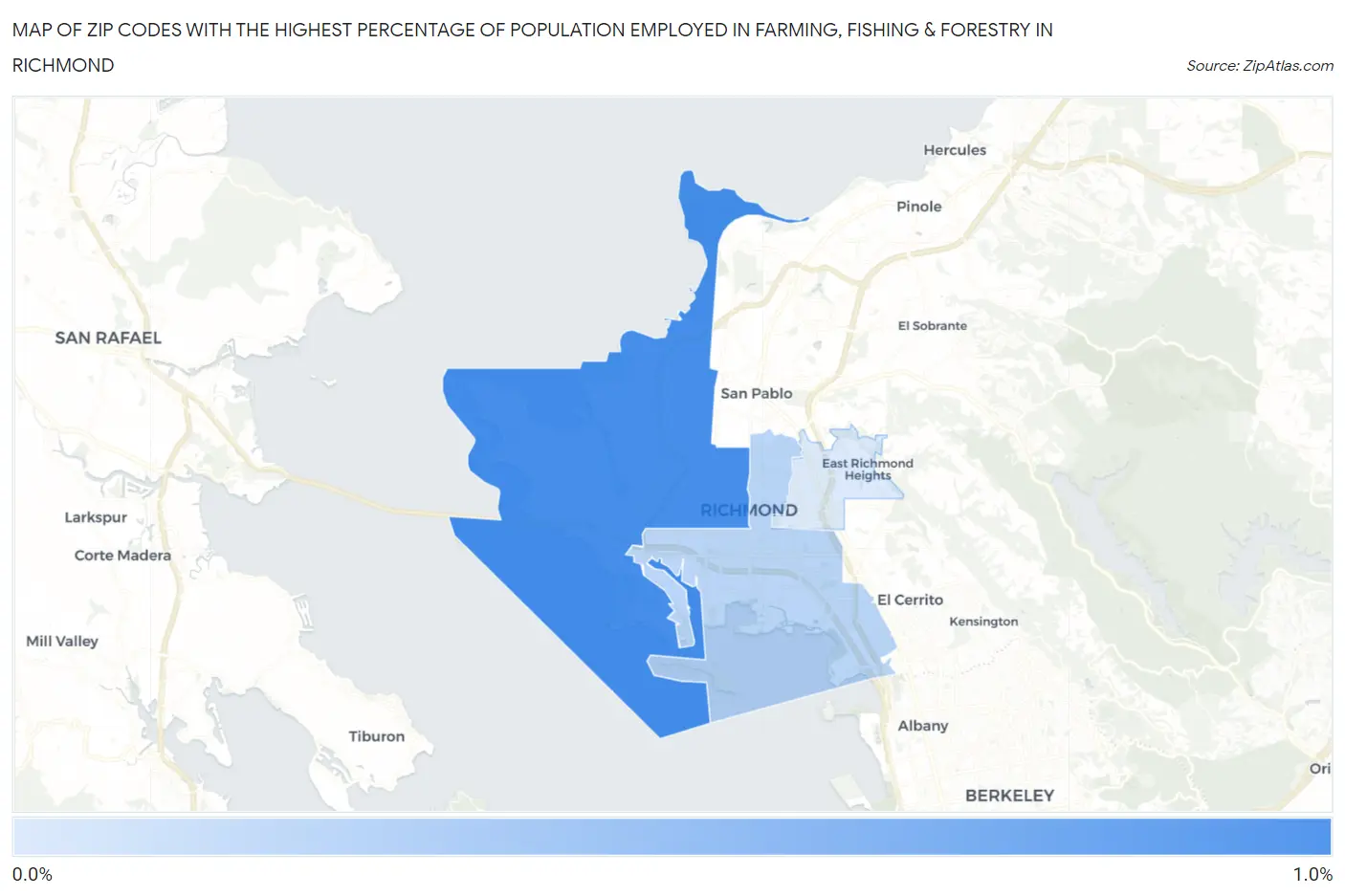 Zip Codes with the Highest Percentage of Population Employed in Farming, Fishing & Forestry in Richmond Map